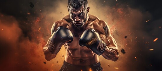 Muay Thai boxer fighting in gloves with smoke and sparks in the background