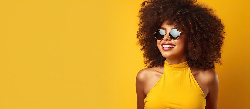 Happy black woman wearing a dress looks at empty area having fun on vacation big discounts isolated on yellow background in studio Fashionable life advert