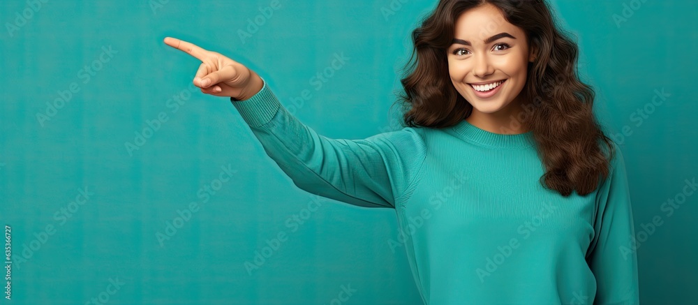 Poster smiling woman showcasing an object with palm