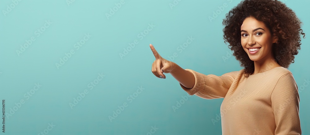 Poster smiling woman showcasing an object with palm