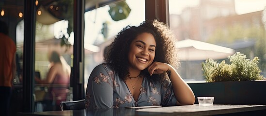 Smiling plus size Latin woman waiting outside restaurant chatting on phone restaurant concept copy space