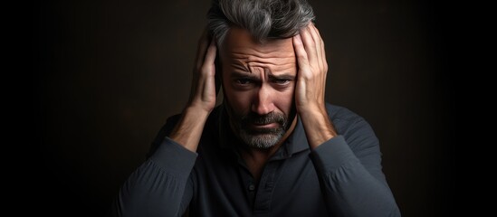 Middle aged man feeling stressed and scared hands on head Concept - obrazy, fototapety, plakaty