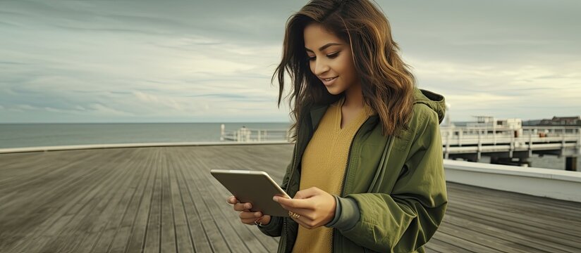 A young Latin woman in a green jacket a content creator is on the pier reviewing her video with a digital camera on a cloudy day highlighting technology a