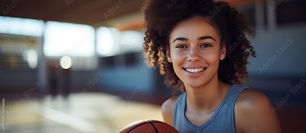 Poster biracial female basketball player with basketball at court copy space unchanged sport activity and l