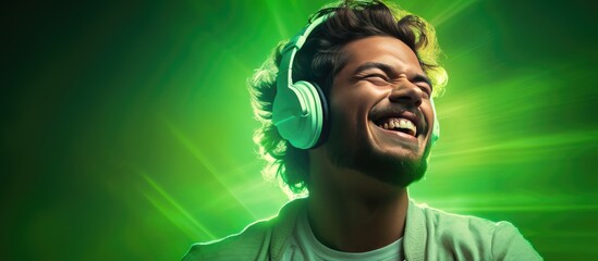 A happy DJ style man with closed eyes dancing and singing while wearing headphones on a green background with neon light