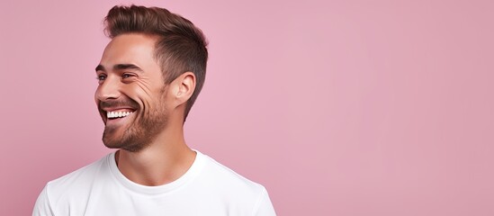 Happy man with friendly expression looking to the side on a pink background Depicting a positive mood Expressing joy for advertising purposes on an empty
