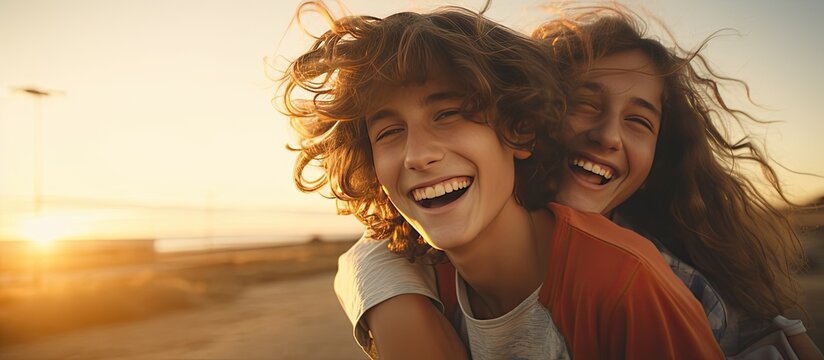 Two happy Caucasian teenagers playing during sunset in a close up shot with room for text