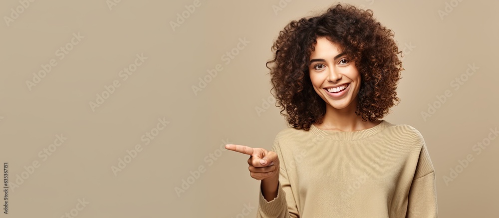 Aufkleber beautiful young woman joyfully pointing to the side and above showcasing an object in the available 