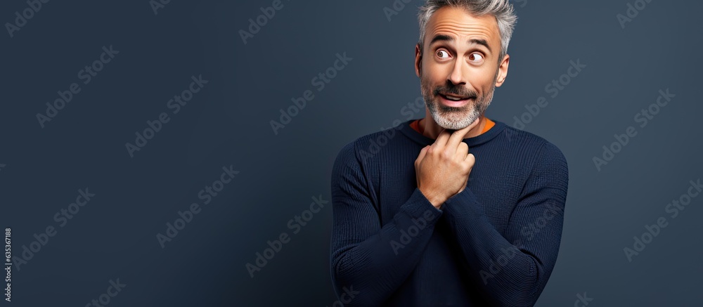 Poster middle aged man feeling joyful and astonished as he discovers a solution or idea with potential for 