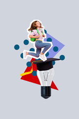 Collage artwork graphics picture of excited little schoolkid successfully graduating secondary school isolated grey color background