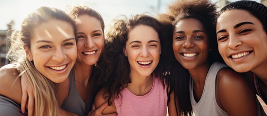 Fototapeta premium Female friends diverse and joyful wear sports attire unite at a basketball court space to add text Sport activity friendship and lifestyle remain unchange