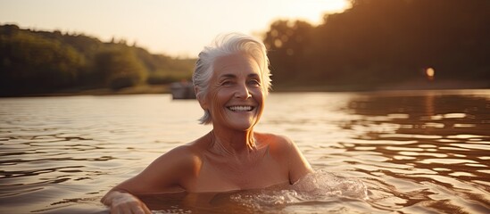 Elderly lady enjoying nature by the river in summer relishing simple pleasures