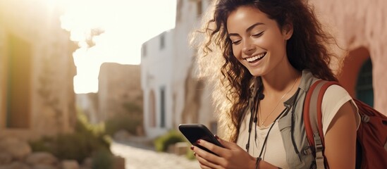 Smiling Latin woman traveler using phone app to control digital camera outdoors technology concept