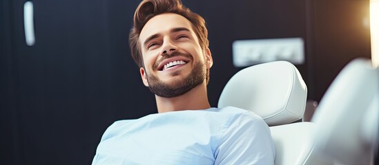Young man receiving dental care with copy space for background
