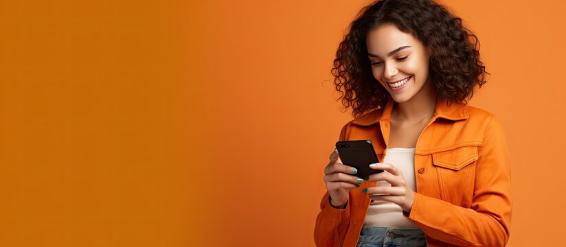 Happy Woman In Casual Denim Outfit Posing On Orange Wall Background In A Studio Portrait Representing People S Lifestyle With A Mock Up Copy Space Using A