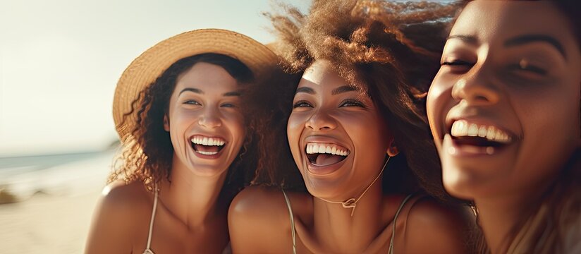 Multiracial ladies happily spending time together at the beach enjoying their vacation by the ocean - Powered by Adobe