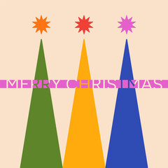 Merry Christmas card template. Holiday greeting poster design with inscription. Modern vector illustration of Christmas trees for print, social media designs