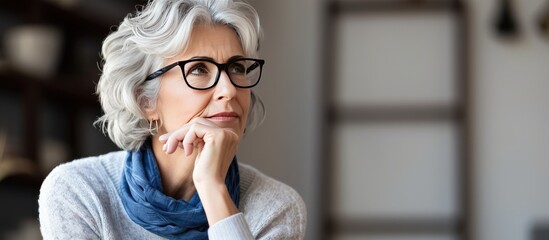Thoughtful older woman in living room contemplating and holding diary