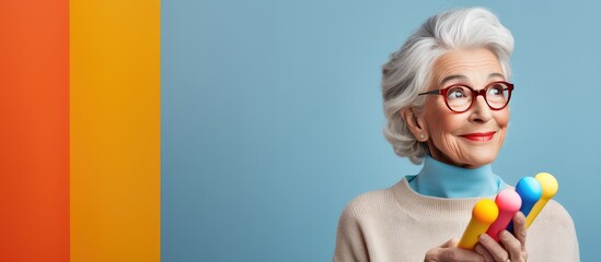 Elderly woman with gray hair holds a vertical device featuring a mockup evoking a nostalgic modern vibe on a vibrant background with room for text
