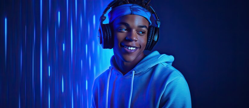 Teenage boy with skateboard and headphones posing in front of dark blue background with neon lighting embodies style and trends in men s fashion ample cop - Powered by Adobe