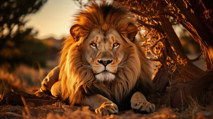 Majestic lion in the African savannah - obrazy, fototapety, plakaty