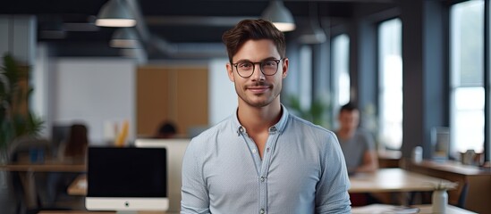 Fototapeta premium Confident young businessman posing in office looking at camera and smiling