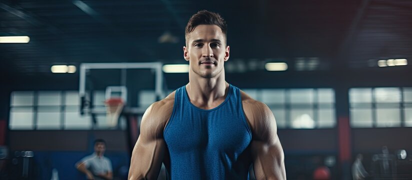 Portrait of content white male basketball player in blue athletic attire at gym Recreation exercise and way of life unchanged empty area