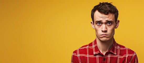 Sad and thoughtful Caucasian man in red checkered shirt gazing at empty area against yellow background