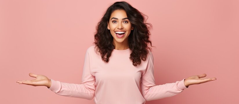 Excited Hispanic woman points and presents advertisement with happy smile on pink background with copy space