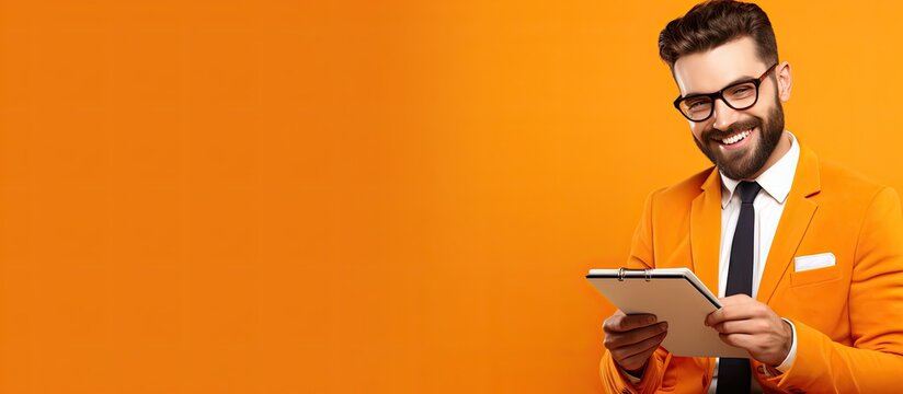 Portrait of a smiling student taking notes with a beard on an orange background Symbolizing business strategy startup idea and time management
