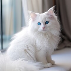 A cat as white as snow, cute picture of white cat with blue eyes and big tail