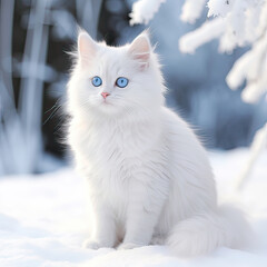 A cat as white as snow, cute picture of white cat with blue eyes and big tail