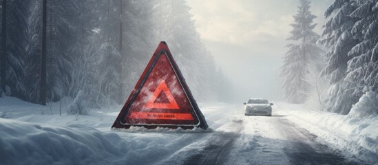Red triangle on snowy forest road Broken down car with spare tire Horizontal web banner