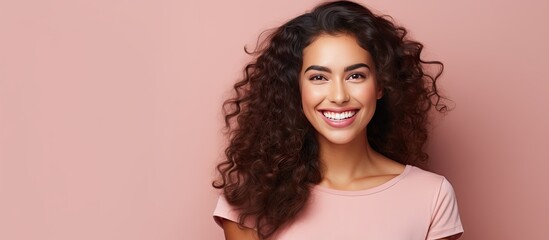 Confident and satisfied Hispanic woman smiling happily with a concept on copy space