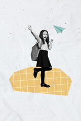 Vertical creative composite concept photo collage of ecstatic overjoyed girl with backpack go to...