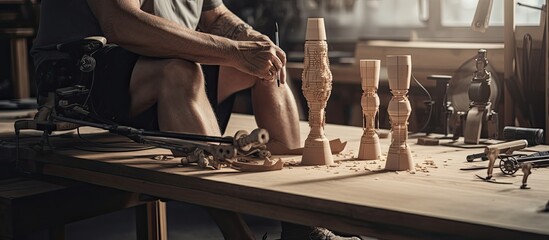 Fototapeta na wymiar Senior craftsman crafting leg prosthetics in workshop close up shot blank area for text