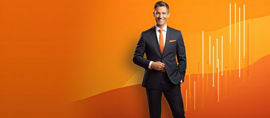 Colorful graph and candlestick icons on empty copy space orange background depicting finance investment and profit complement a smiling businessman with h