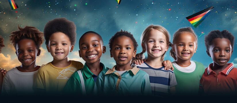 Multiracial children with South African flags Nelson Mandela Day July 18 blue copy space childhood togetherness celebration equality honor
