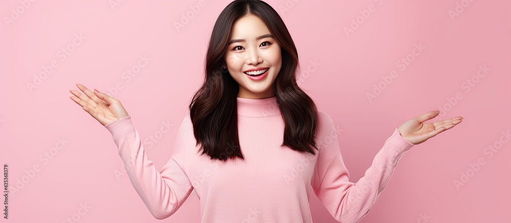 Poster asian woman standing over pink background pointing with open palms presenting advertisement with a h