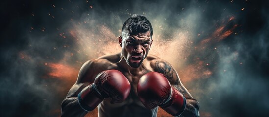 Fototapeta na wymiar Muay Thai boxer fighting with gloves smoke and sparks in isolated background with copy space