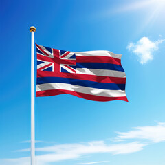 Waving flag of Hawaii is a state of United States on flagpole