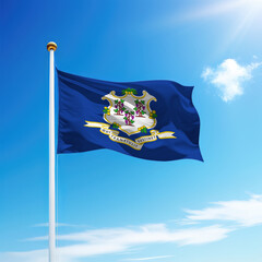 Waving flag of Connecticut is a state of United States on flagpole