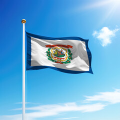 Waving flag of West Virginia is a state of United States on flagpole