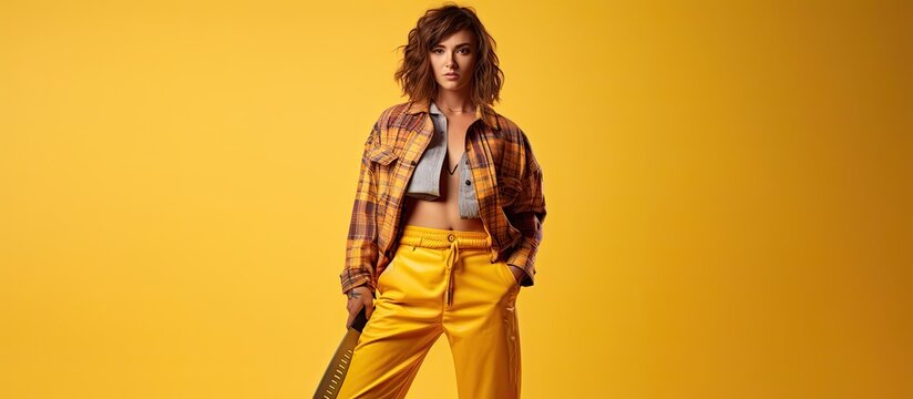 Tall woman alone holding a large hand saw against a yellow backdrop Full body image of casually dressed girl with tool Vertical format with room to write