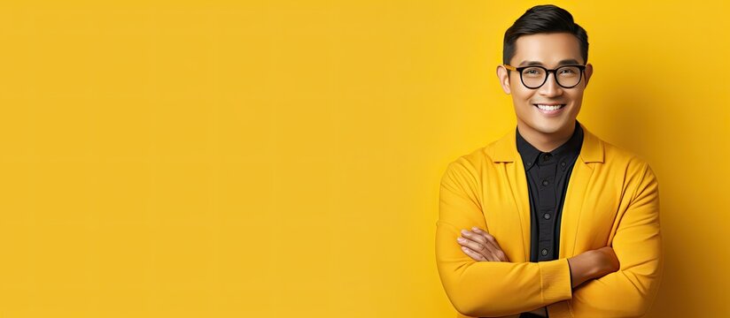Asian man with crossed arms smiling and looking at camera against yellow background panorama with room for text