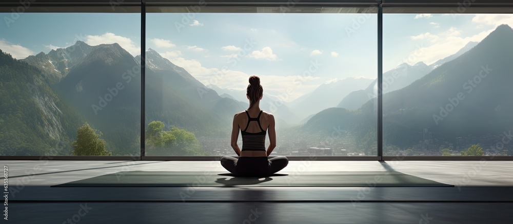 Sticker A woman in a yoga studio doing cobra pose on a mat by a large window