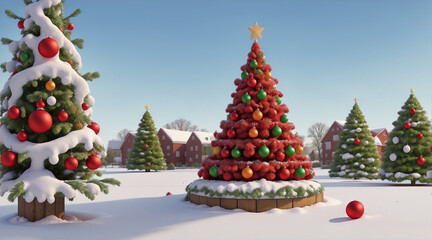 A festive holiday scene with a snow-covered landscape, a bright red and green Christmas tree