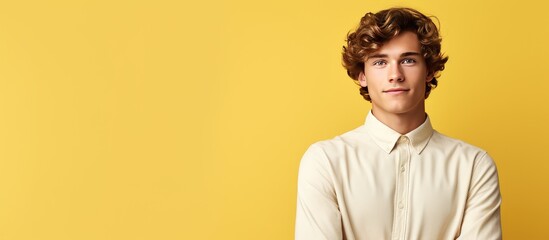 Fototapeta premium Young white student on yellow background with empty space