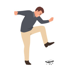 Angry businessman throwing his mobile phone. Flat vector illustration isolated on white background