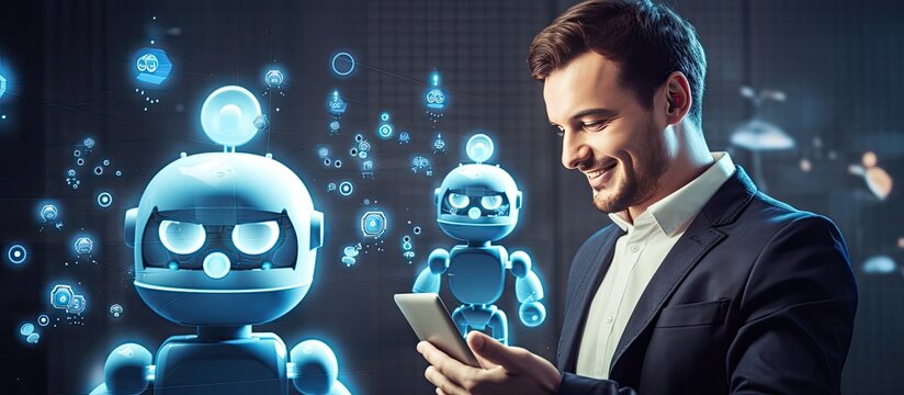 Smiling person using phone robot speech bubbles AI aiding in communication or work simplifying life Online virtual assistant Empty area for text